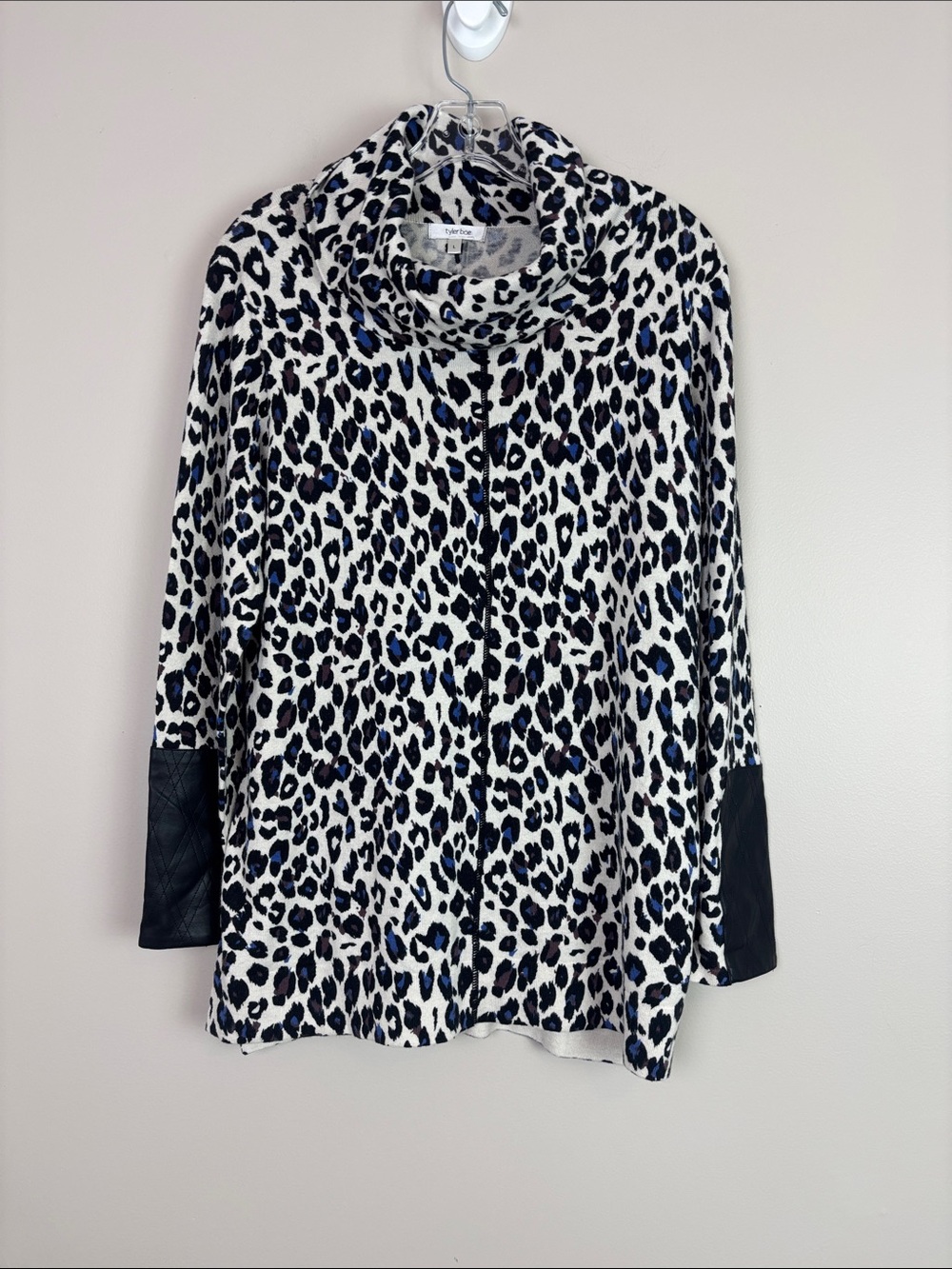 Tyler Boe Black White Navy Leopard-Print Cowl Neck Cotton Cashmere Blend Large